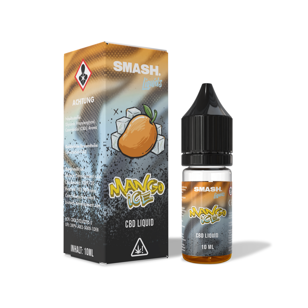 SMASH CBD Liquid 10 ml Mango Ice – Flasche und Verpackung